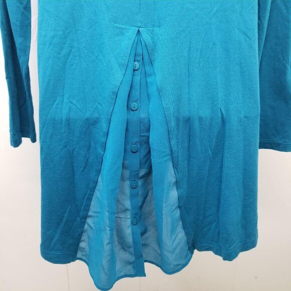 LOGO 14 Blue Shirt Top Tunic Long Sleeve Hi Low Pockets Stretch Knit Chiffon - Picture 4 of 6